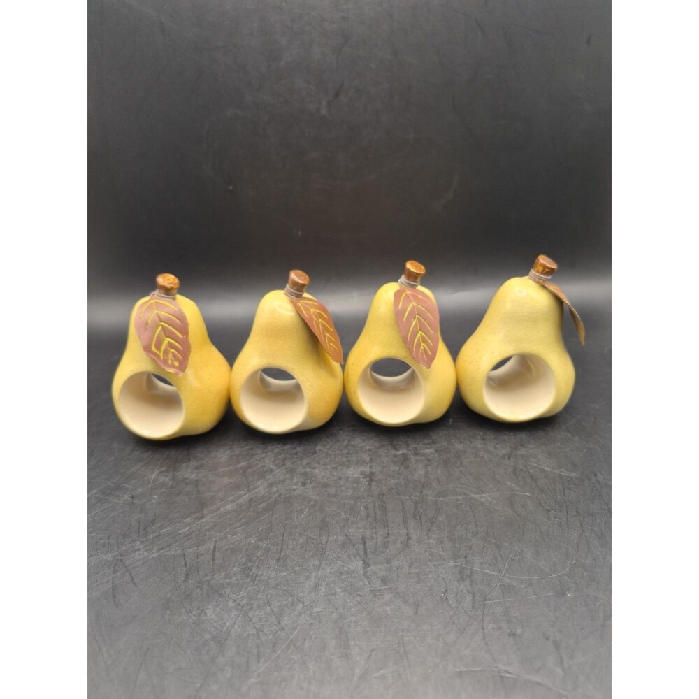 Russ Berrie Vintage Crackle Glazed Pears Napkin Ring Holders Fruit Set Of 4